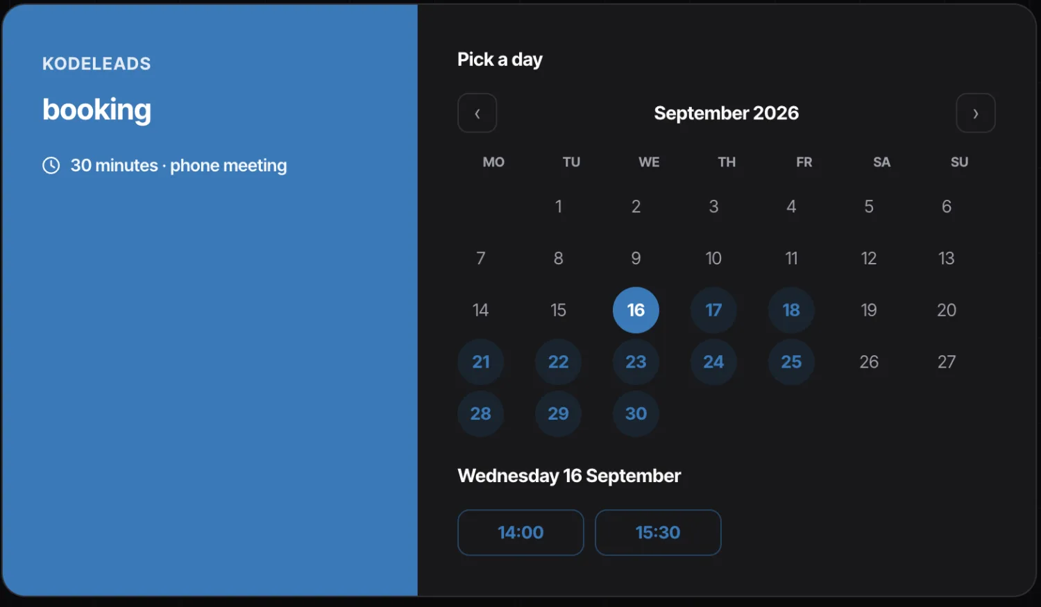 Offentlig bookingside med kalender og ledige tider