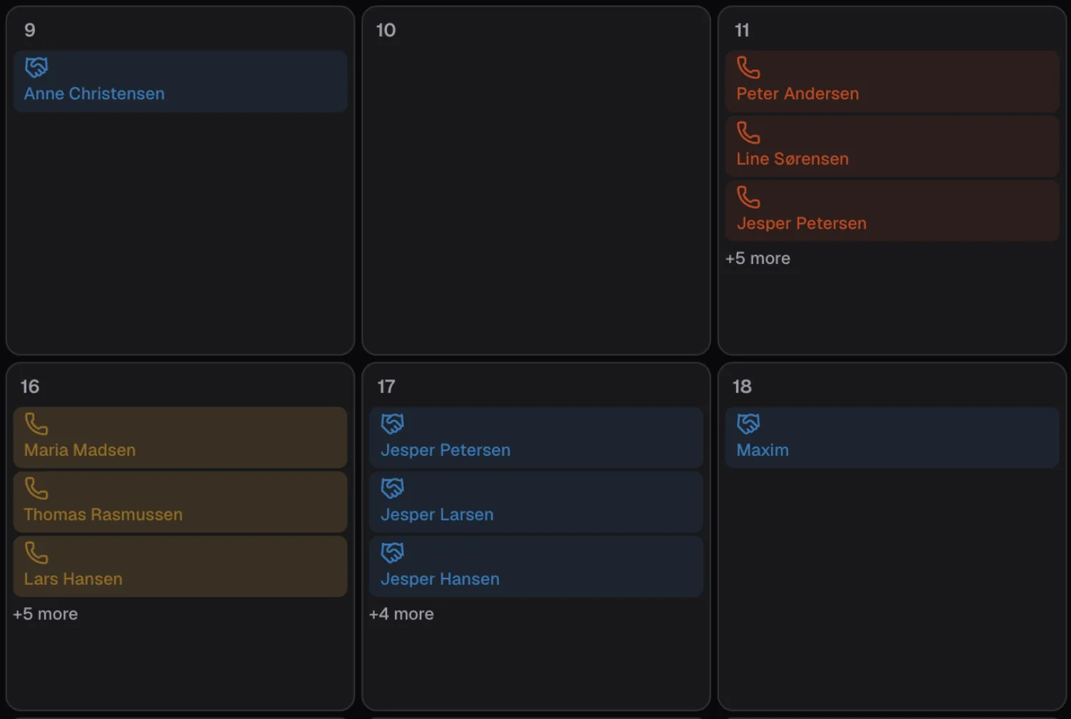 Kalender med opkald og møder for denne og næste uge