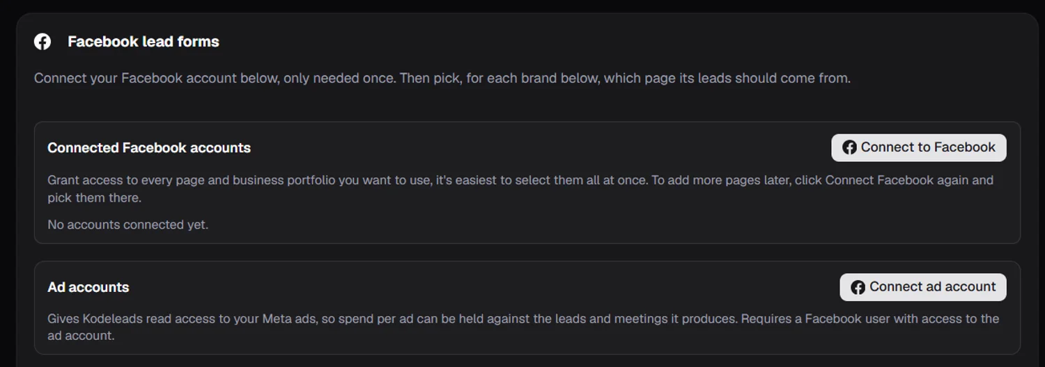 Facebook lead-formularer forbundet pr. brand i Kodeleads