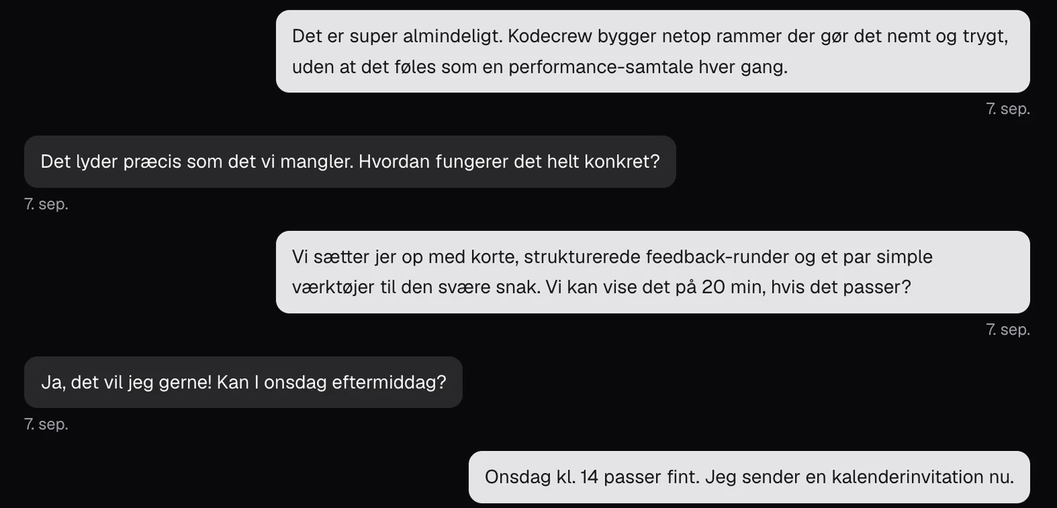 En SMS-samtale i Kodeleads, fra spørgsmål til bekræftet mødetid
